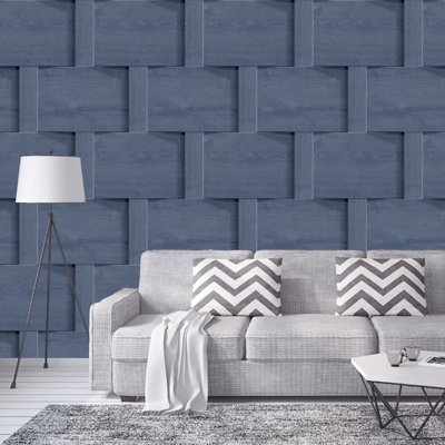 Harrow Weave Wood Panel Wallpaper Blue Debona 6737