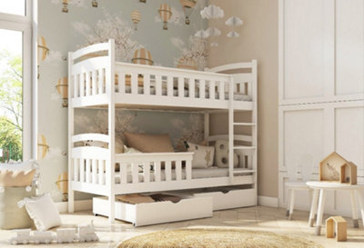 Harry Contemporary Pine Bunk Bed with 2 Storage Drawers in White (L)1980mm (H)1640mm (W)980mm