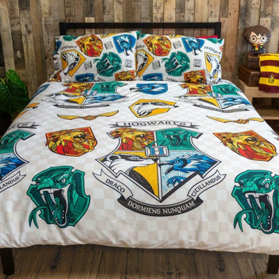 Harry Potter Single Duvet Cover Set Grid Hogwarts House Crests Kids  Reversible