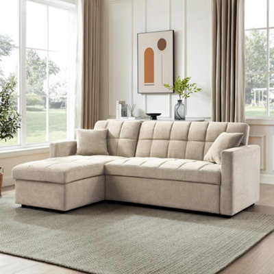 Harry Pull-Out Sofa Bed With Reversible Storage Chaise, Beige Linen