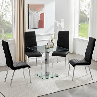 Hartley Clear Glass Dining Table With 4 Dora Black Chairs | DIY at B&Q