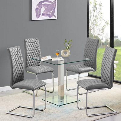 Hartley Clear Glass Dining Table With 4 Ronn Grey Chairs | DIY at B&Q