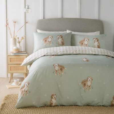 Hattie the Cockerpoo Cute Dog Print Peach Textured Green Duvet Cover Set