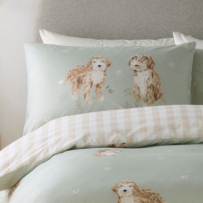 Hattie the Cockerpoo Cute Dog Print Peach Textured Green Duvet Cover Set