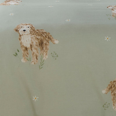 Hattie the Cockerpoo Cute Dog Print Peach Textured Green Duvet Cover Set