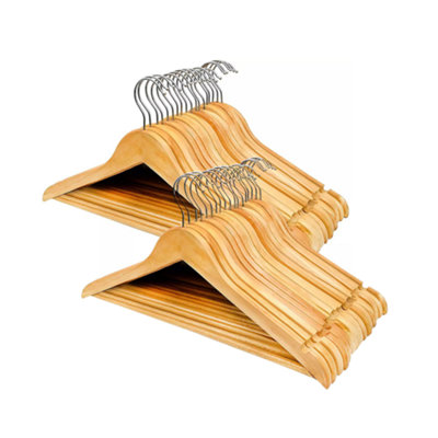 HAUSOWN 40-Pack Strong Wooden Coat Hangers  Natural Wood with Non-Slip Trouser Bar and Shoulder Notches Extra Smooth Finish