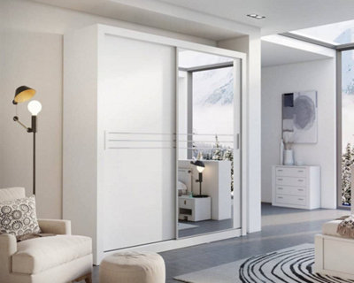 Havana Contemporary Mirrored Sliding 2 Door Wardrobe 9 Shelves 1 Rail White (H)2150mm (W)2030mm (D)610mm