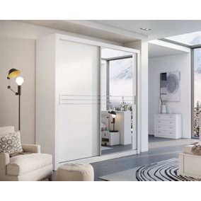 Havana Contemporary Mirrored Sliding 2 Door Wardrobe 9 Shelves 1 Rail White (H)2150mm (W)2030mm (D)610mm