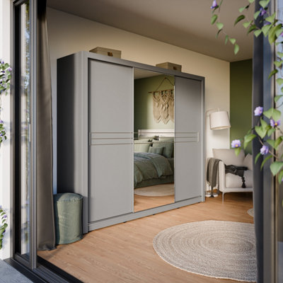 Havana Contemporary Mirrored Sliding 3 Door Wardrobe 10 Shelves 1 Rail 2 Drawers Grey (H)2150mm (W)2500mm (D)610mm