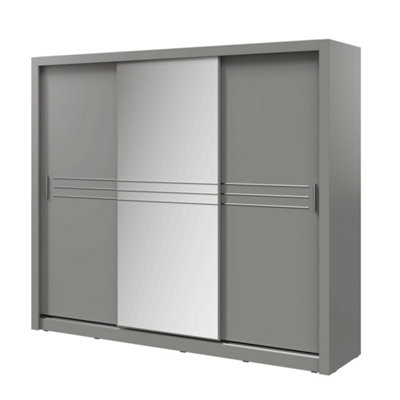 Havana Contemporary Mirrored Sliding 3 Door Wardrobe 10 Shelves 1 Rail 2 Drawers Grey (H)2150mm (W)2500mm (D)610mm