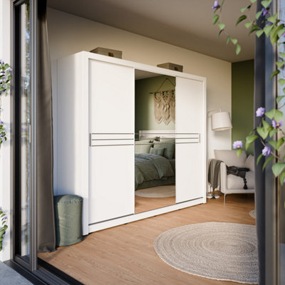 Havana Contemporary Mirrored Sliding 3 Door Wardrobe 10 Shelves 1 Rail 2 Drawers White (H)2150mm (W)2500mm (D)610mm