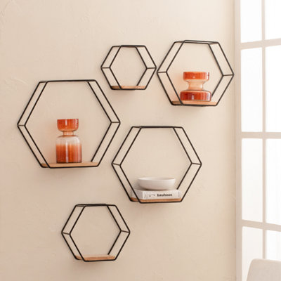 Haverstock Wall Shelf Floating Shelf Wall Mounted Shelf Book Shelves Solid Wood & Iron Black & Natural Set of 5