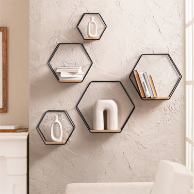 Haverstock Wall Shelf Floating Shelf Wall Mounted Shelf Book Shelves Solid Wood & Iron Black & Natural Set of 5