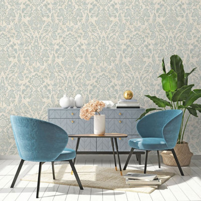 Hawthorn Meadow Textured Blown Vinyl Wallpaper Blue Holden 76000