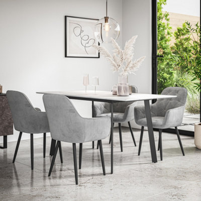 Haydon Extending Dining Table + Chairs- White Marble Effect Table Top w Black Legs + Anika Velvet Dining Chair Set Of 4 (Grey)