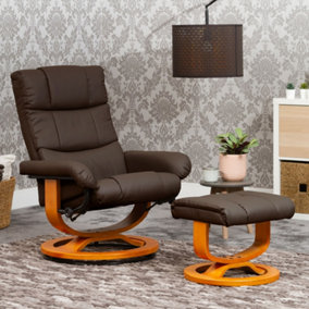 Hayward 72cm Wide Brown Bonded Leather 360 Degree Ergonomic Swivel Base Recliner Chair and Footstool