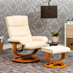 Hayward 72cm Wide Cream Bonded Leather 360 Degree Ergonomic Swivel Base Recliner Massage Heat Chair and Footstool