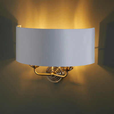 Haywood Antique Brass with Vintage White Faux Silk Shade Classic Modern 2 Light Wall Light