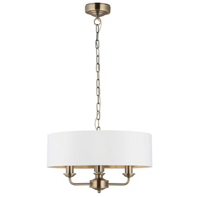 Haywood Antique Brass with Vintage White Faux Silk Shade Classic Modern 3 Light Ceiling Pendant
