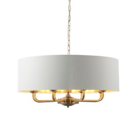 Haywood Antique Brass with Vintage White Faux Silk Shades Classic Modern 8 Light Ceiling Pendant