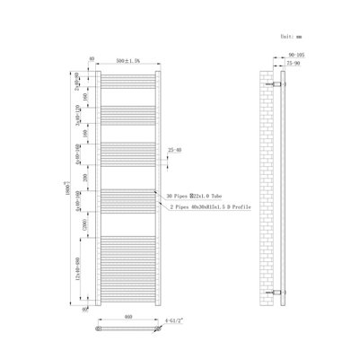 Haze Chrome Straight Ladder Heated Towel Rail (H)1800x(W)500