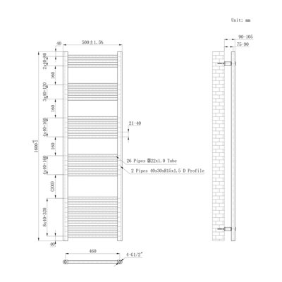 Haze Grey Straight Ladder Heated Towel Rail (H)1600x(W)500