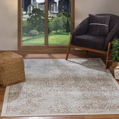 HAZEL Vintage Traditional Oriental Boho Tan/Ivory Area Rug 120 x 170 cm
