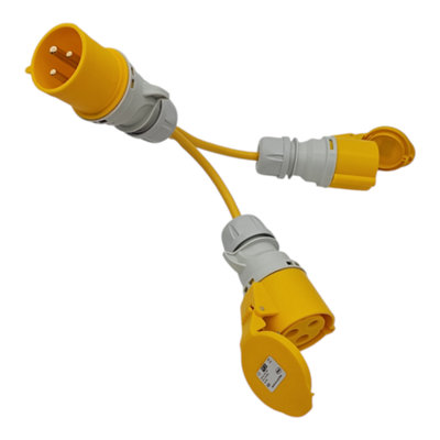 HDIUK 110V 2-Way Site Splitter, Yellow CEE Power Plug to 2 x CEE Sockets 0.3m, UK Made (32 Amp Plug to 32 Amp Sockets)