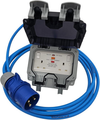 HDIUK - (15 Metres) 16 Amp Plug to Twin 13A RCD Protected IP66 Outdoor Socket Extension