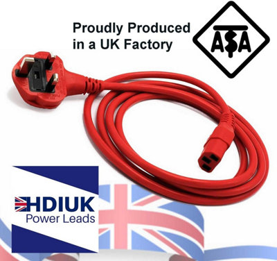 HDIUK - 2 Metres IEC C-13 ASTA Approved Red Mains Power Cord - Made in the UK