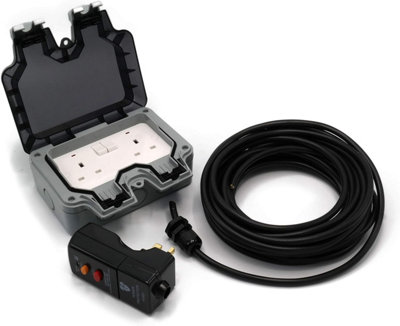 HDIUK DIY Wiring kit RCD to Twin IP66 Switched 13a Outdoor Power Sockets Black 10 Metres