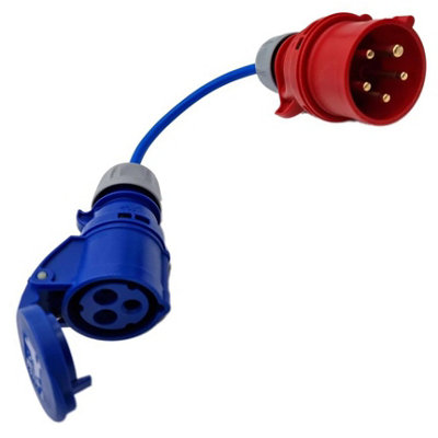 HDIUK - UK Made 3-Phase to Single Phase 16A 5-Pin Red Plug to 16A 3-Pin 230v Coupler Socket. 4mm2 Fly Lead for DG Mains