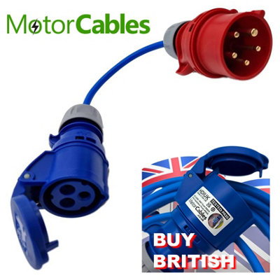 HDIUK - UK Made 3-Phase to Single Phase 16A 5-Pin Red Plug to 16A 3-Pin 230v Coupler Socket. 4mm2 Fly Lead for DG Mains
