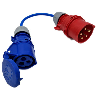HDIUK - UK Made 3-Phase to Single Phase 16A 5-Pin Red Plug to 16A 3-Pin 230v Coupler Socket. 4mm2 Fly Lead for DG Mains - 4