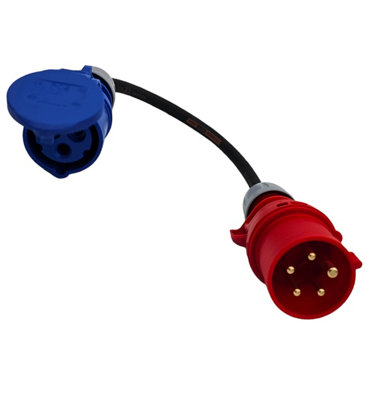 HDIUK - UK Made 3-Phase to Single Phase 16A 5-Pin Red Plug to 16A 3-Pin 230v Coupler Socket. 4mm2 Fly Lead for DG Mains - 5