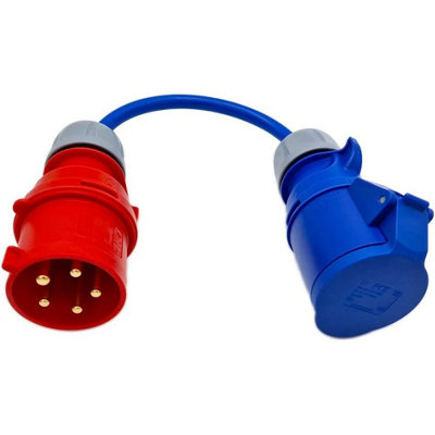 HDIUK - UK Made 3-Phase to Single Phase 32A 5-Pin Red Plug to 32A 3-Pin 230v Coupler Socket. 4mm2 Fly Lead for DG Mains
