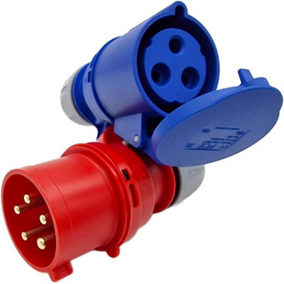 HDIUK - UK Made 3-Phase to Single Phase 32A 5-Pin Red Plug to 32A 3-Pin 230v Coupler Socket. 4mm2 Fly Lead for DG Mains - 3