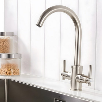 Heable Dual Lever Kitchen Sink Mixer Tap With Brushed Nickel Finish And UK Standard Brass Fittings