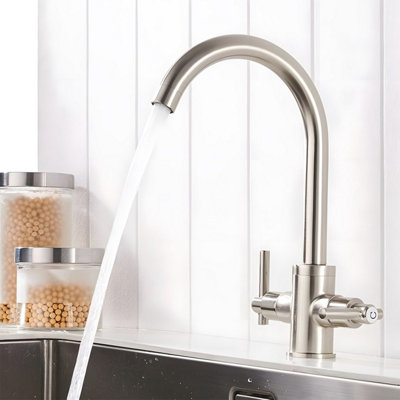 Heable Dual Lever Kitchen Sink Mixer Tap With Brushed Nickel Finish And UK Standard Brass Fittings