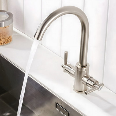 Heable Dual Lever Kitchen Sink Mixer Tap With Brushed Nickel Finish And UK Standard Brass Fittings