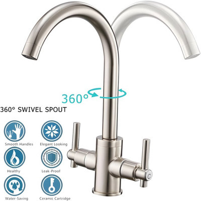 Heable Dual Lever Kitchen Sink Mixer Tap With Brushed Nickel Finish And UK Standard Brass Fittings