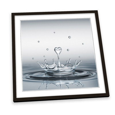 Heart Drop Splash Bathroom Grey FRAMED ART PRINT Picture Square Artwork Black Frame (H)25cm x (W)25cm