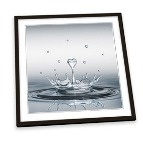Heart Drop Splash Bathroom Grey FRAMED ART PRINT Picture Square Artwork Black Frame (H)35cm x (W)35cm