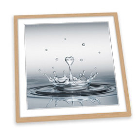 Heart Drop Splash Bathroom Grey FRAMED ART PRINT Picture Square Artwork Light Oak Frame (H)45cm x (W)45cm