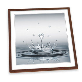 Heart Drop Splash Bathroom Grey FRAMED ART PRINT Picture Square Artwork Walnut Frame (H)25cm x (W)25cm