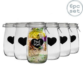Heart Glass Storage Jars with Labels - 1.5 Litre - Clear Seal - 6pc