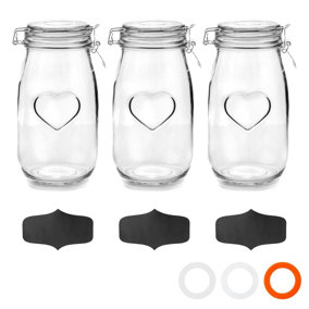 Heart Glass Storage Jars with Labels - 1.5 Litre - Orange Seal - 3pc