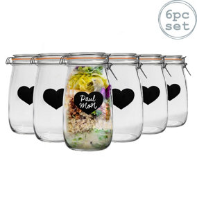 Heart Glass Storage Jars with Labels - 1.5 Litre - White Seal - 6pc