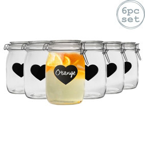 Heart Glass Storage Jars with Labels - 1 Litre - Clear Seal - 6pc