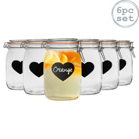Heart Glass Storage Jars with Labels - 1 Litre - Orange Seal - 6pc